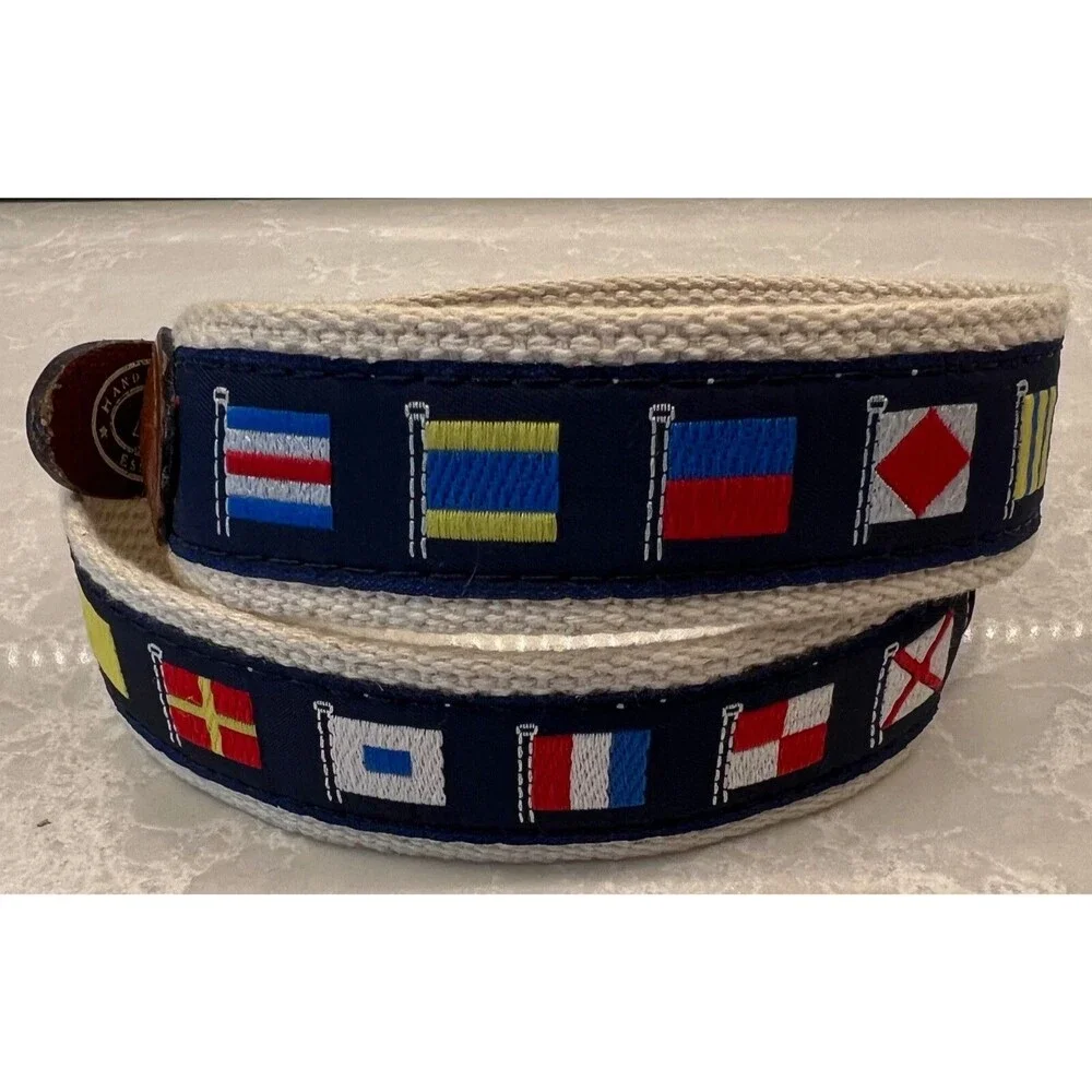 Leather Man Ltd Nautical Flags Belt Navy Canvas & Leather Essex CT Youth Size 24